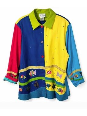 Vintage Quacker Factory Fish Beaded Applique Jacket Quilted 1X
